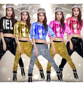 Yellow gold blue fuchsia hot pink black sequined girls women's modern dance stage performance cos play  hip hop jazz dance outfits costumes